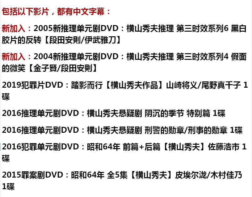 新日本懸疑DVD：推理小說家：橫山秀夫16部電視劇+單元劇合集24碟